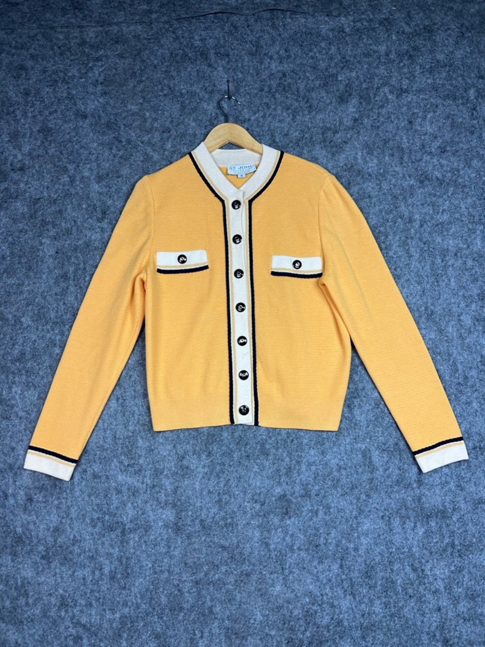 Vintage St. John Collection Yellow Navy Santana Knit Cardigan Jacket Blazer Sz M
